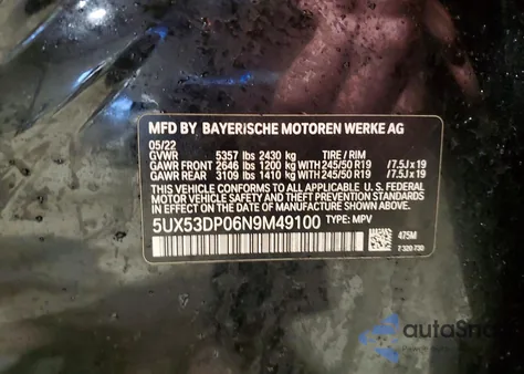 2022 BMW X3 xDrive30I из США, поврежденный, VIN 5UX53DP06N9M49100